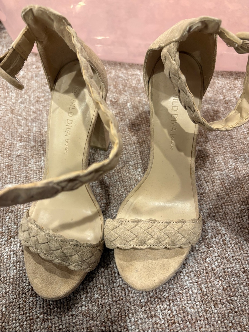Beige Braided Ankle Strap Heels